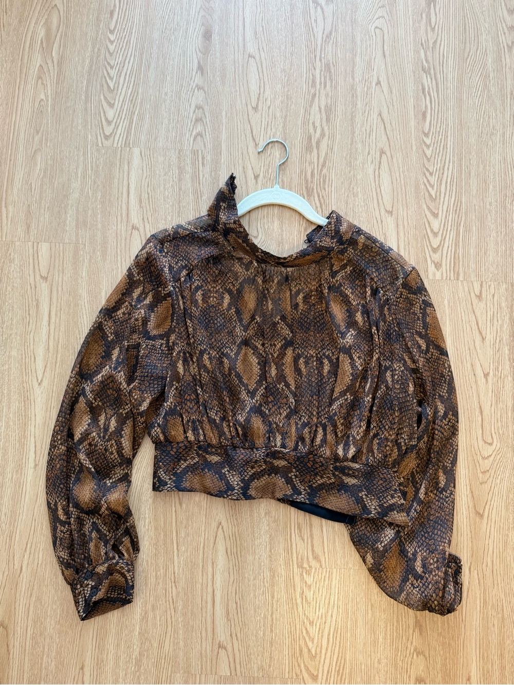 Zara Brown Snake-Print Long Sleeve Crop Top